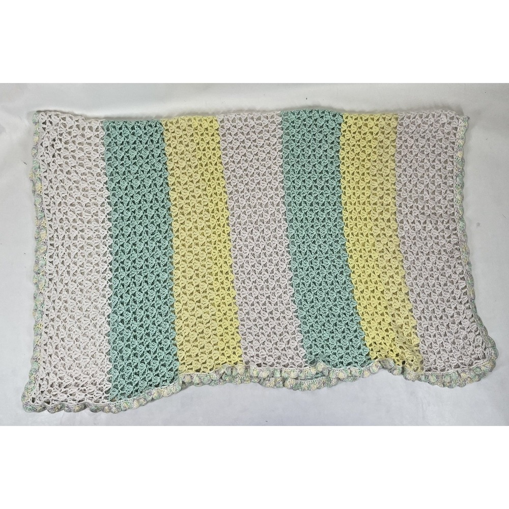 Baby Crochet Afghan Blanket Pastel Striped Green Yellow White 56x48